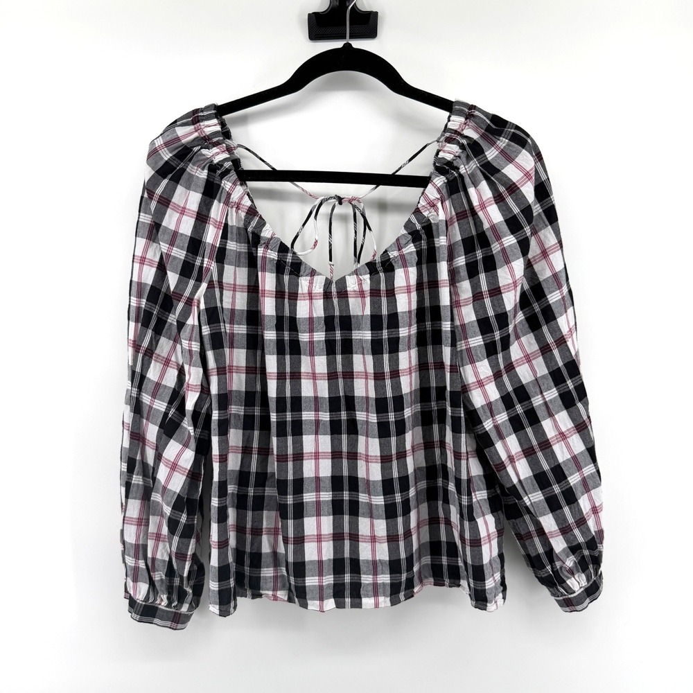J.Crew Blouse Plaid Tie Back Small Black White Red Women Peasant Top Long Sleeve